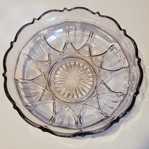 Clear Pink Lavender Tinted Serving Bowl Vintage Glass Star Pattern Frilly Edge - Picture 2 of 16